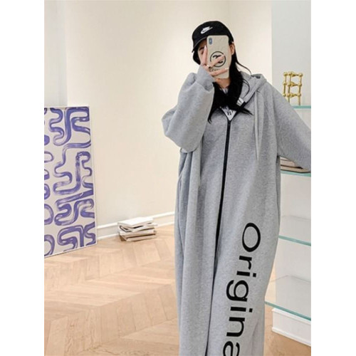 加絨加厚長款休閒開衫外套胖mm特大碼300斤冬季寬松拉鍊連衣裙女