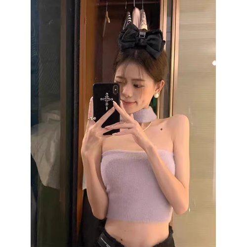毛絨針織掛脖吊帶背心女春秋季毛衣內搭打底衫抹胸辣妹純欲小上衣