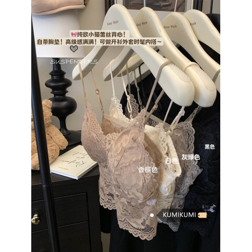 純欲風性感蕾絲抹胸背心女裝夏季辣妹修身短款帶胸墊美背吊帶上衣