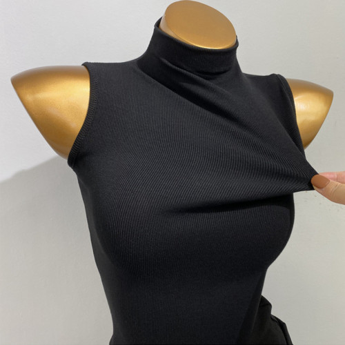 美式黑色吊帶背心女外穿西裝內搭打底衫修身坎袖高領工字無袖上衣