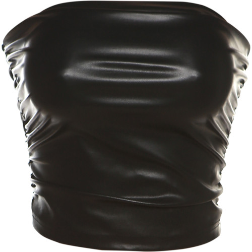 KLIOU 又酷又颯炸街個性黑色PU皮抹胸背心女褶皺修身顯瘦辣妹上衣