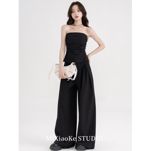 羋小可無袖黑色抹胸背心女夏季套裝一字肩上衣辣妹穿搭外穿小個子