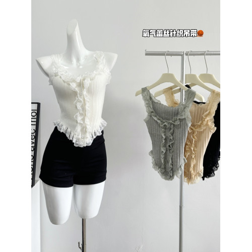 POPW自製 甜辣妹蕾絲針織吊帶背心女夏2025新款小衆外穿短款上衣