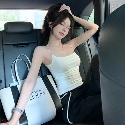 純欲風性感帶胸墊吊帶背心女內搭美背打底衫辣妹純色緊身抹胸上衣