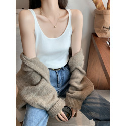 法式小U領針織背心女西裝內搭高級感別致白色吊帶上衣夏外穿打底