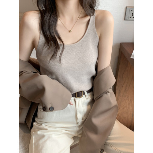 法式小U領針織背心女西裝內搭高級感別致白色吊帶上衣夏外穿打底