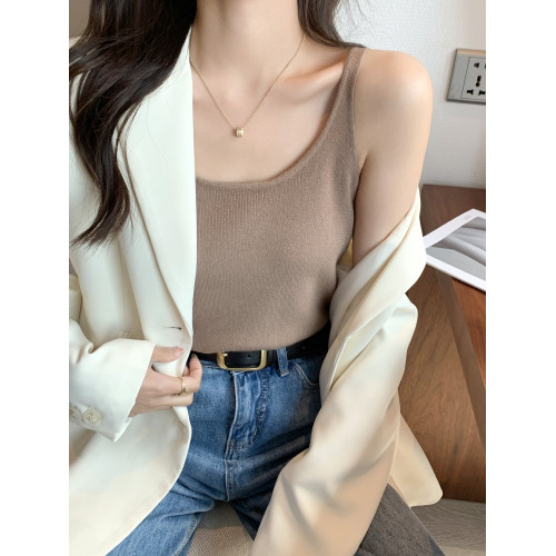 法式小U領針織背心女西裝內搭高級感別致白色吊帶上衣夏外穿打底