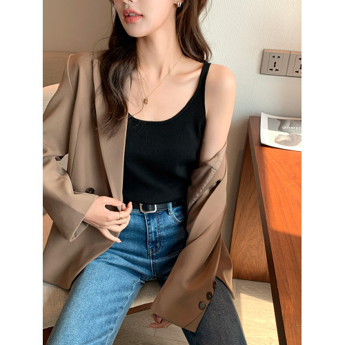 法式小U領針織背心女西裝內搭高級感別致白色吊帶上衣夏外穿打底