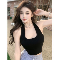 法式甜辣風酒紅色掛脖吊帶背心帶胸墊性感T恤露臍短款上衣女內搭