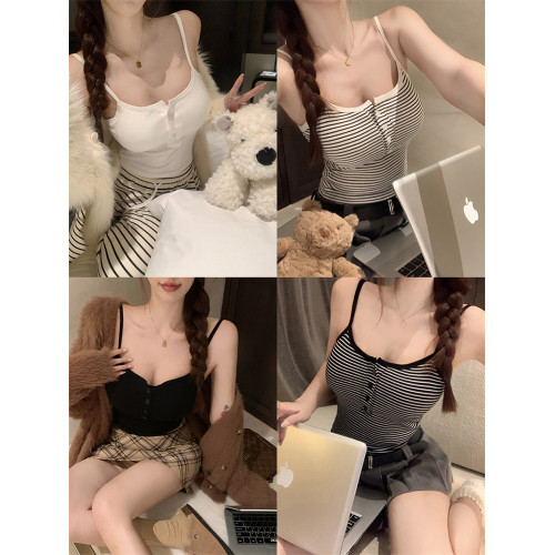 辣妹條紋吊帶背心女夏季帶胸墊內搭打底衫性感純欲風修身外穿上衣