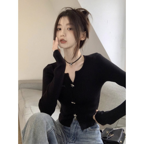 純欲v領黑色打底衫女修身針織衫2025秋季新款辣妹上衣設計感小衆