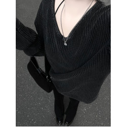 水洗灰寬松毛衣慵懶風v領長袖針織衫女2025新款秋季百搭打底上衣