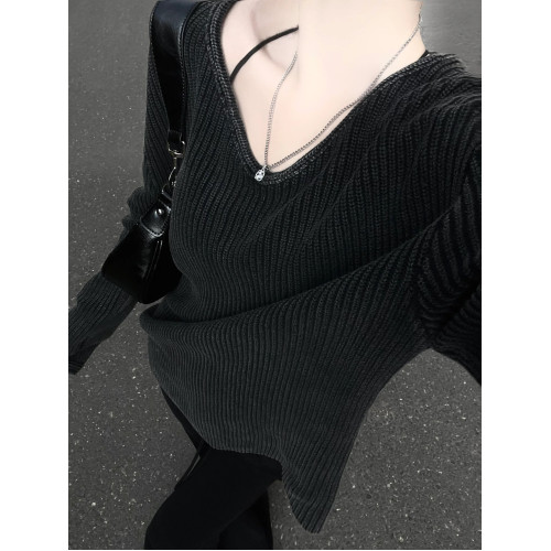 水洗灰寬松毛衣慵懶風v領長袖針織衫女2025新款秋季百搭打底上衣