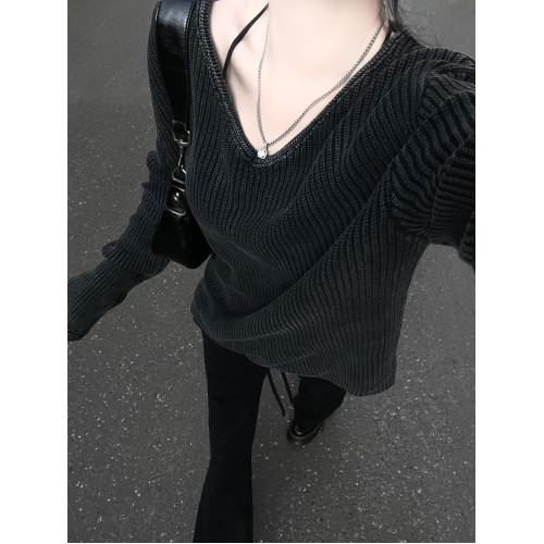 水洗灰寬松毛衣慵懶風v領長袖針織衫女2025新款秋季百搭打底上衣