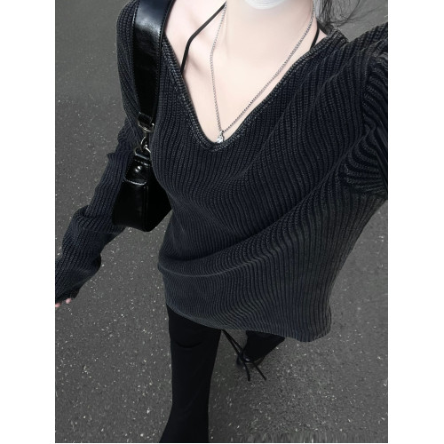 水洗灰寬松毛衣慵懶風v領長袖針織衫女2025新款秋季百搭打底上衣