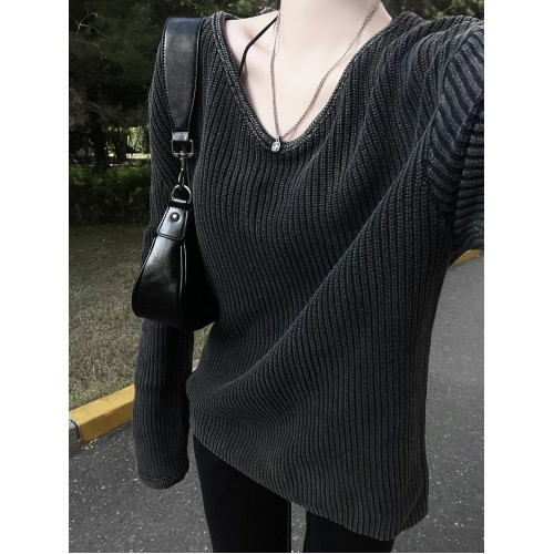 水洗灰寬松毛衣慵懶風v領長袖針織衫女2025新款秋季百搭打底上衣