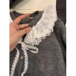 娃娃領毛衣女春秋慵懶可愛甜美蕾絲V領針織開衫外套日系溫柔上衣