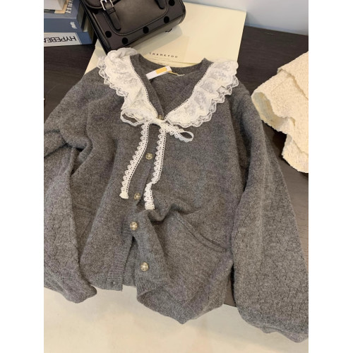 娃娃領毛衣女春秋慵懶可愛甜美蕾絲V領針織開衫外套日系溫柔上衣