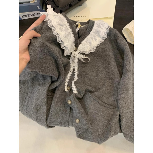 娃娃領毛衣女春秋慵懶可愛甜美蕾絲V領針織開衫外套日系溫柔上衣