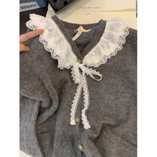 娃娃領毛衣女春秋慵懶可愛甜美蕾絲V領針織開衫外套日系溫柔上衣