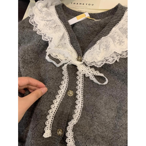 娃娃領毛衣女春秋慵懶可愛甜美蕾絲V領針織開衫外套日系溫柔上衣