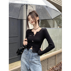 純欲v領黑色打底衫女針織開衫2025春秋裝新款辣妹上衣設計感小衆