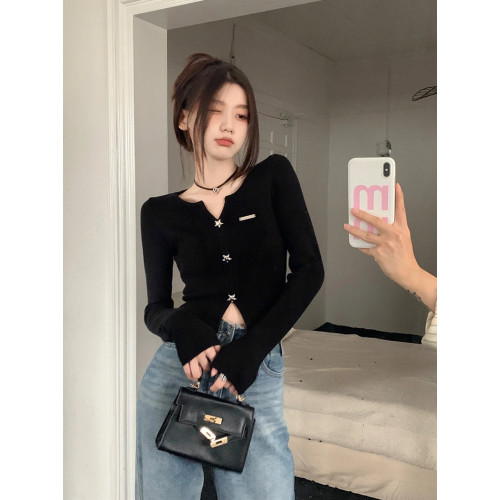 純欲v領黑色打底衫女針織開衫2025春秋裝新款辣妹上衣設計感小衆