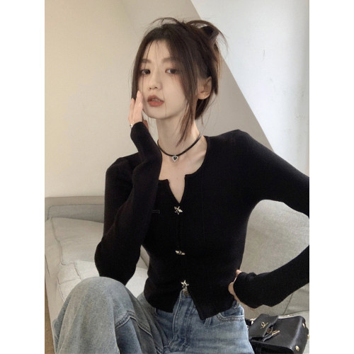 純欲v領黑色打底衫女針織開衫2025春秋裝新款辣妹上衣設計感小衆