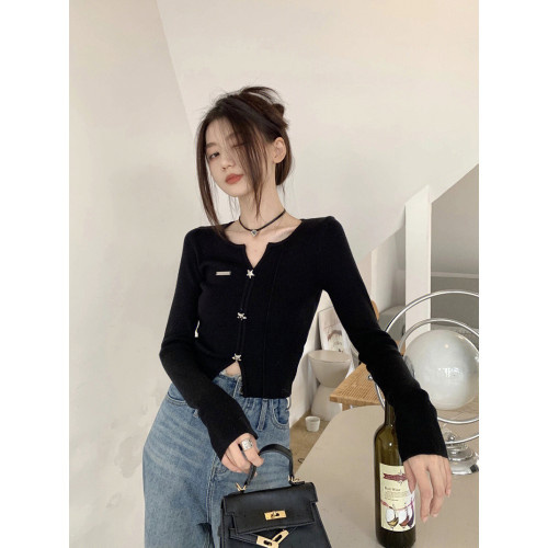 純欲v領黑色打底衫女針織開衫2025春秋裝新款辣妹上衣設計感小衆