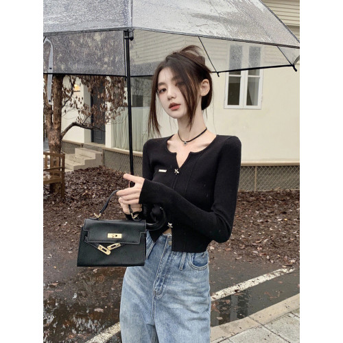 純欲v領黑色打底衫女針織開衫2025春秋裝新款辣妹上衣設計感小衆