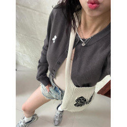 2025春季新款韓國東大門刺綉小標短款針織外套純色收腰小衆開衫女