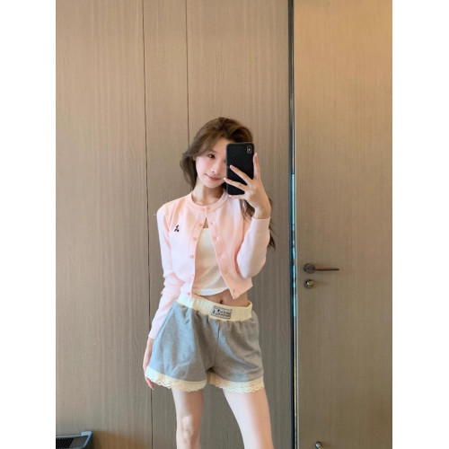 2025春季新款韓國東大門刺綉小標短款針織外套純色收腰小衆開衫女