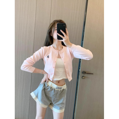 2025春季新款韓國東大門刺綉小標短款針織外套純色收腰小衆開衫女