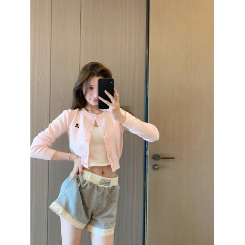 2025春季新款韓國東大門刺綉小標短款針織外套純色收腰小衆開衫女