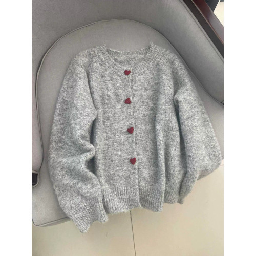 灰色愛心釦子毛衣外套女2025春季新款高級感寬松圓領針織開衫上衣