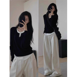 黑色假兩件v領內搭打底衫女早秋修身短款毛衣長袖針織衫秋冬上衣