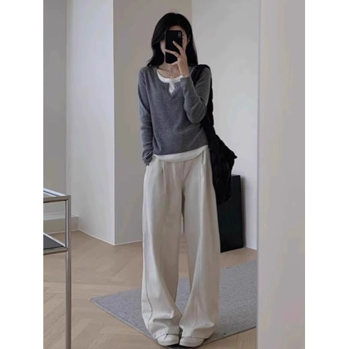 黑色假兩件v領內搭打底衫女早秋修身短款毛衣長袖針織衫秋冬上衣