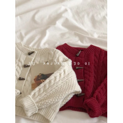 復古短款麻花毛衣開衫女厚2025秋裝新款寬松外穿牛角釦針織衫外套