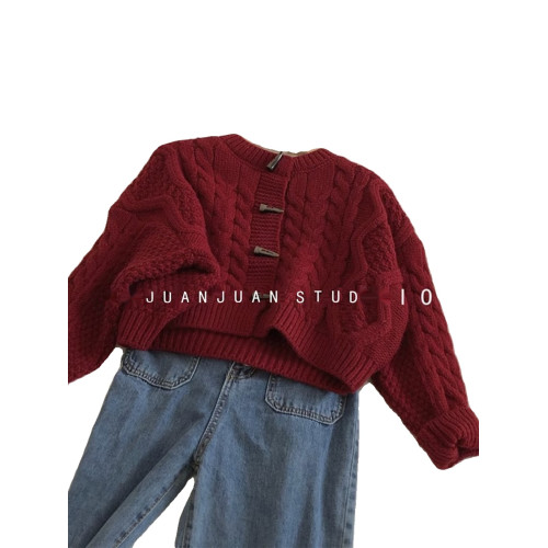 復古短款麻花毛衣開衫女厚2025秋裝新款寬松外穿牛角釦針織衫外套 復古短款麻花毛衣開衫女厚2025秋裝新款寬松外穿牛角釦針織衫外套