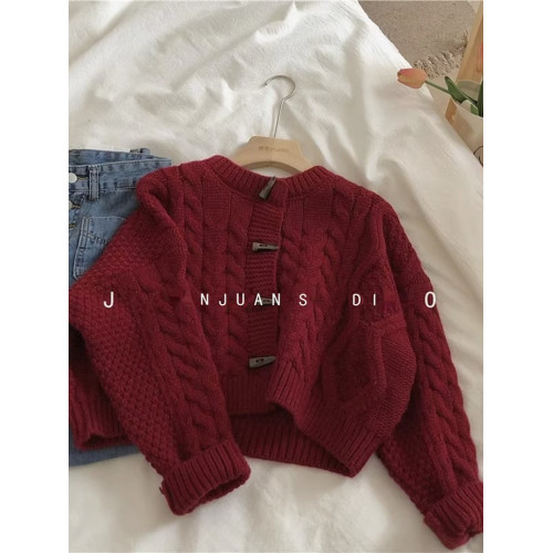 復古短款麻花毛衣開衫女厚2025秋裝新款寬松外穿牛角釦針織衫外套 復古短款麻花毛衣開衫女厚2025秋裝新款寬松外穿牛角釦針織衫外套