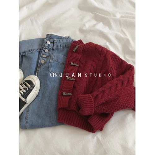 復古短款麻花毛衣開衫女厚2025秋裝新款寬松外穿牛角釦針織衫外套 復古短款麻花毛衣開衫女厚2025秋裝新款寬松外穿牛角釦針織衫外套