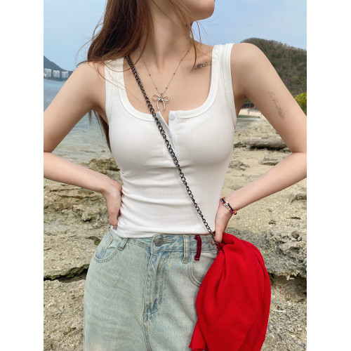 灰色背心女內搭2025新款吊帶設計感小衆夏外穿黑色打底紐釦上衣