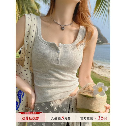 灰色背心女內搭2025新款吊帶設計感小衆夏外穿黑色打底紐釦上衣