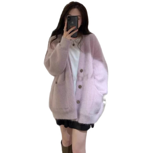 水貂絨毛衣外套女日系復古開衫秋冬新款慵懶風寬松針織衫外穿上衣