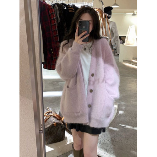 水貂絨毛衣外套女日系復古開衫秋冬新款慵懶風寬松針織衫外穿上衣