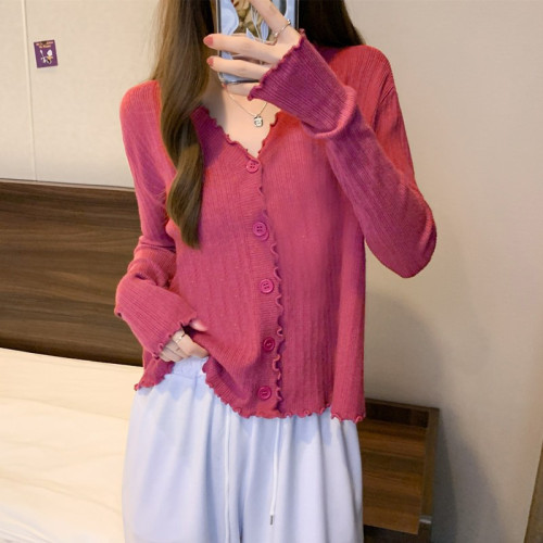 秋季長袖設計感小衆上衣白色木耳邊v領針織開衫毛衣外套打底衫女 秋季長袖設計感小衆上衣白色木耳邊v領針織開衫毛衣外套打底衫女