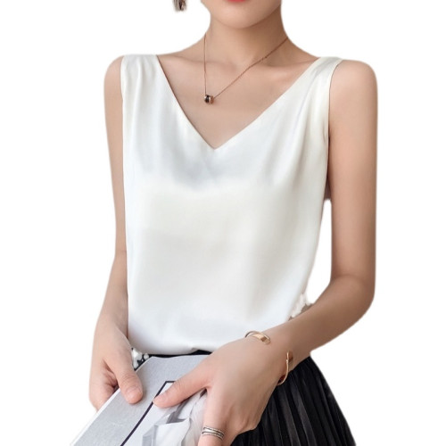 真絲吊帶背心女冰絲美背白色黑色內搭打底緞面桑蠶絲上衣夏季v領