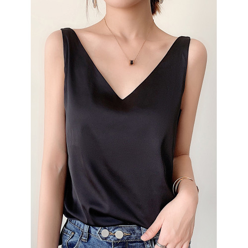 真絲吊帶背心女冰絲美背白色黑色內搭打底緞面桑蠶絲上衣夏季v領