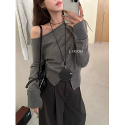 法式別致氣質斜肩長袖針織衫女秋冬修身顯瘦內搭打底上衣露肩毛衣