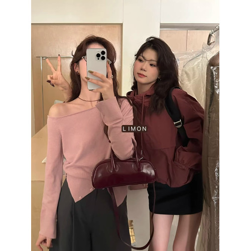 法式別致氣質斜肩長袖針織衫女秋冬修身顯瘦內搭打底上衣露肩毛衣 法式別致氣質斜肩長袖針織衫女秋冬修身顯瘦內搭打底上衣露肩毛衣